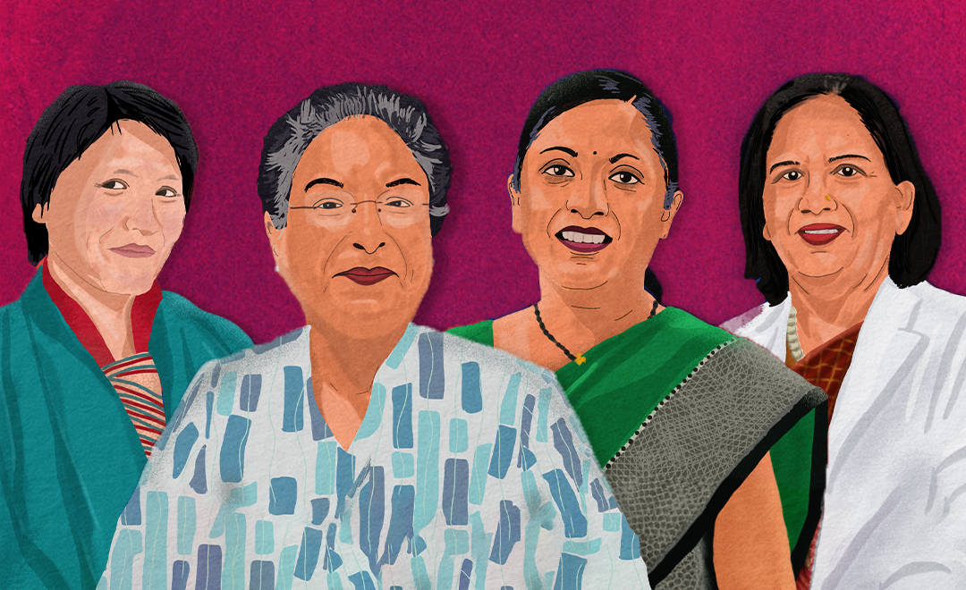 An illustration of four women spotlighted by Newsworthy.Studio in its multimedia storytelling campaign for Global Health Strategies and WomenLift Health.