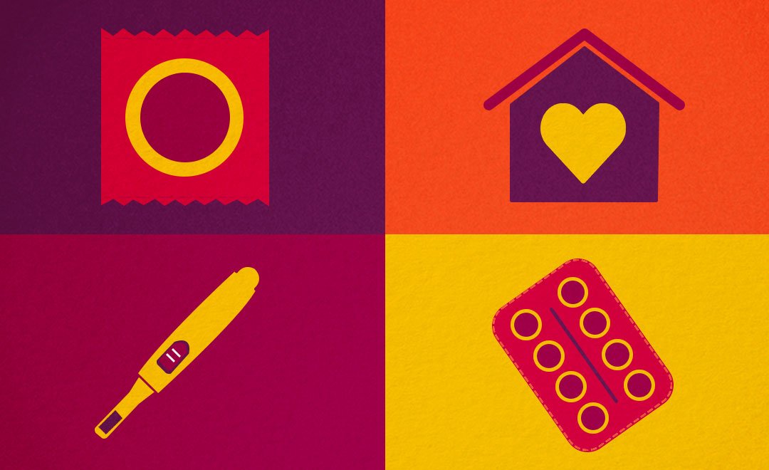 Four icons denoting pregnancy stick, contraception, home and contraceptive pills, from a Newsworthy.Studio project on fertility in India for Ipas Development Foundation and Guttmacher Institute.