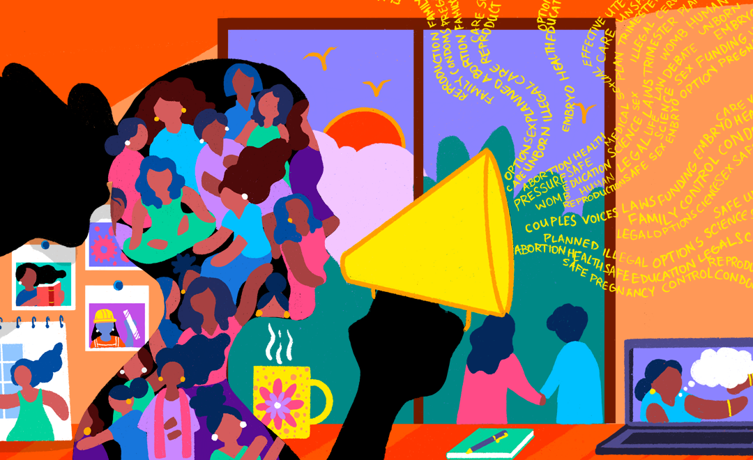 A digital illustration of a woman holding a megaphone + the campaign image for #Voices2021—Newsworthy.Studio's multimedia storytelling campaign for Ipas Development Foundation.