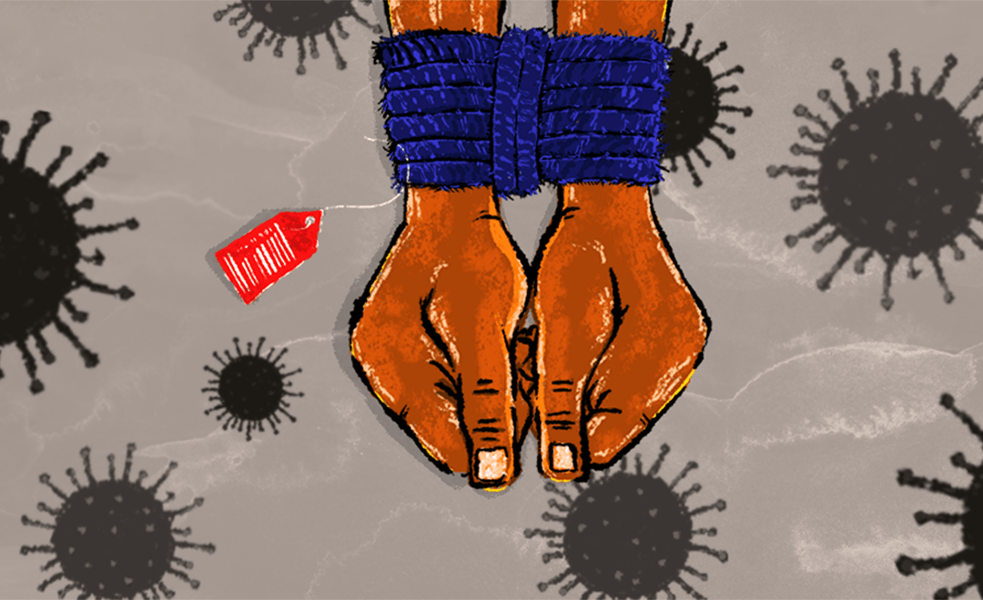An illustrative image of hand-cuffed hands with a price tag showcasing how COVID-19 impacted the human-trafficking market - done for Kalinga Fellowship
