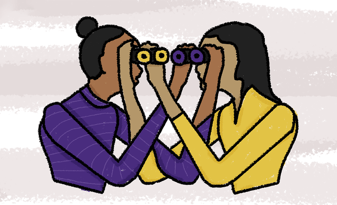 An illustrative creative which aims to show empathy with two women using binoculars on each other's eyes- done for Kalinga Fellowship