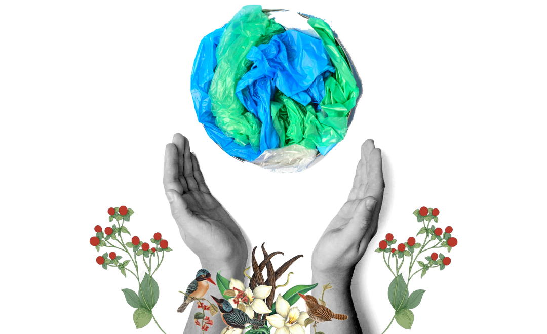 A mixed-media artwork of two hands around a globe of earth made with plastic - and flowers and birds at the bottom half highlighting Newsworthy Studio's work in climate change