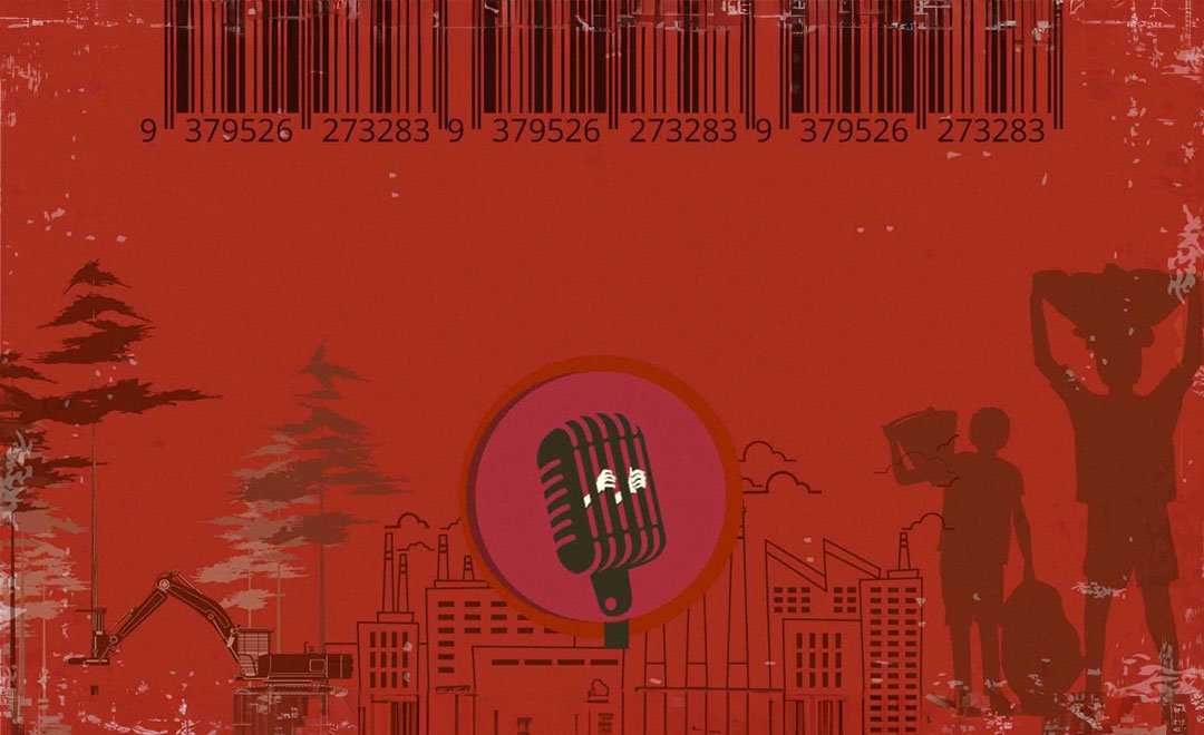 A graphic with a red background, and with elements of a QR code, silhouettes of workers, a city skyline, outline of trees and a mic in the centre. Part of Newsworthy.Studio trainings design for Oxfam India on business responsibility.