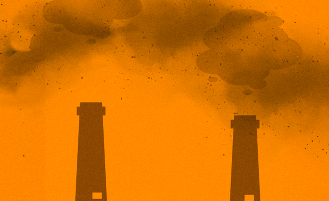 A creative made for Oxfam India while creative Digital Module on Business Responsibility - the creative is coloured orange and shows industrial pollution through clouds of dust and pollution