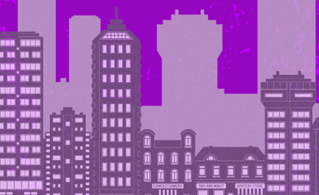 A creative made for Oxfam India while creative Digital Module on Business Responsibility - the creative is coloured purple and shows different sized buildings in a city skyline
