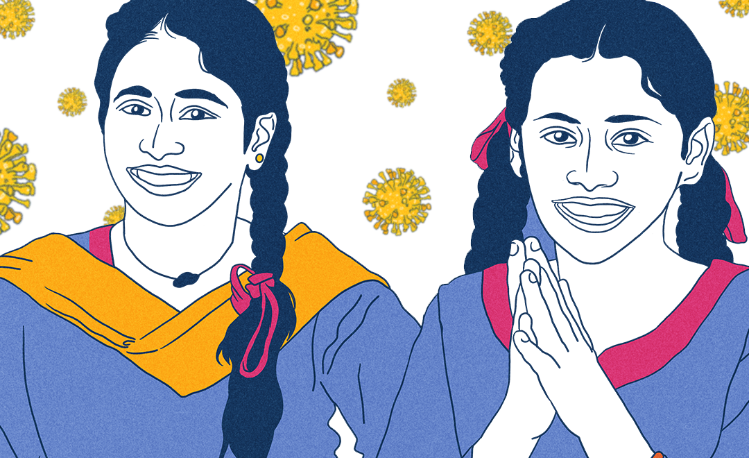 An illustration showing two girls in school uniforms, one with her hands folded—part of Newsworthy.Studio annual report writing and design for Population Foundation of India.