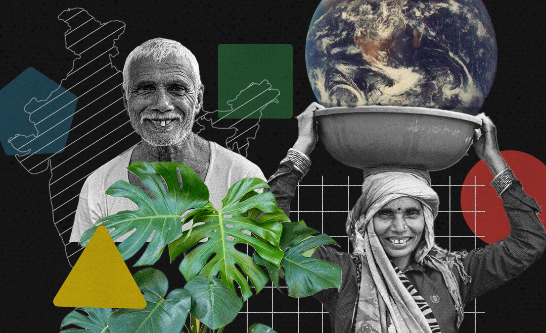 A digital collage of cutouts of an Indian man smiling, a smiling Indian woman carrying a load on her head, cut outs of the Earth and leaves—representing Newsworthy.Studio's Business and Rights Media Training project for UNDP.