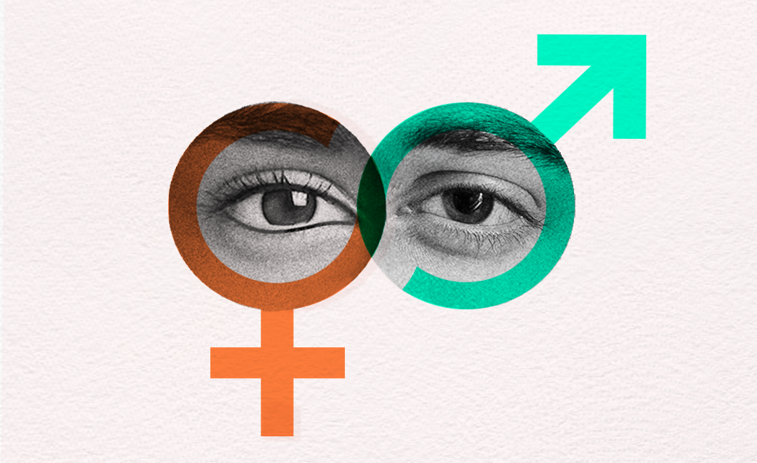An illustration of the icon for the gender spectrum forming glasses through which two eyes peek out—representing Newsworthy.Studio's Gender & Media Curriculum for UPES Dehradun.