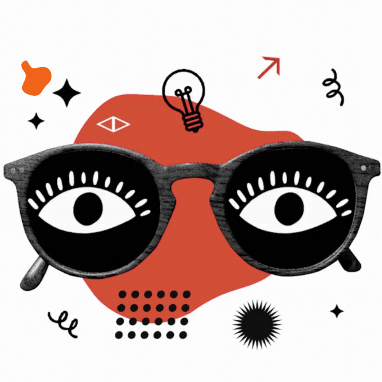 A pair of black glasses with blinking eyes and different artistic elements including a grid of dots, an arrow, a sun shape, and two vertical triangles joined together highlighting the Newsworthy Studio services