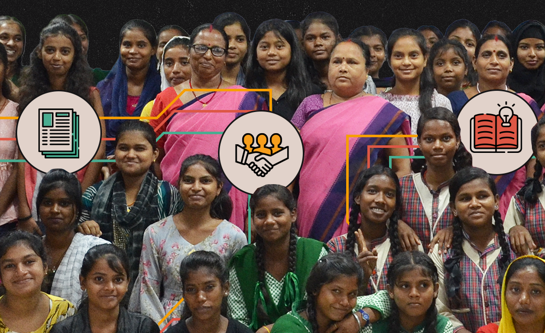 A group photo of women, and young and adolescent girls, with overlaid icons depicting collaboration, report, thought leadership