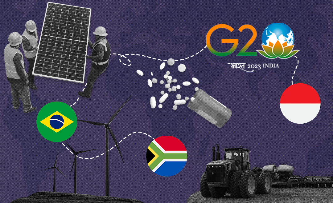 A digital collage to depict south-south cooperation on the world stage. Over a world map, cutouts of a solar panel, a bottle of medicines, and an agricultural tractor are overlaid, along with flags of Indonesia, Brazil, South Africa and the G20 Logo for India's Presidency