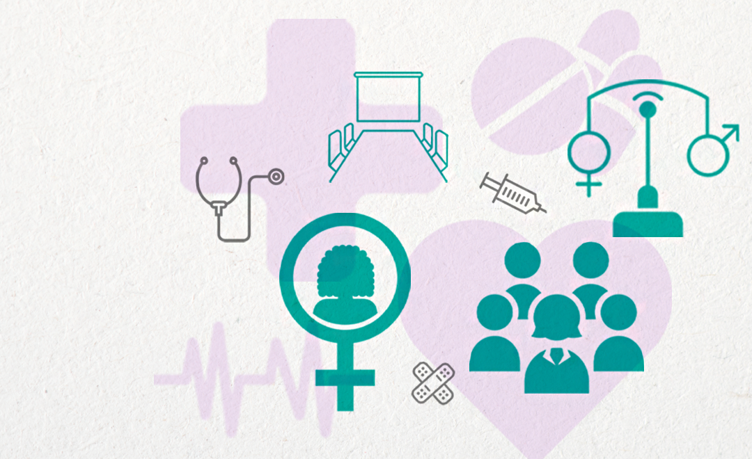 A purple and green graphic design with icons depicting healthcare and women in leadership positions